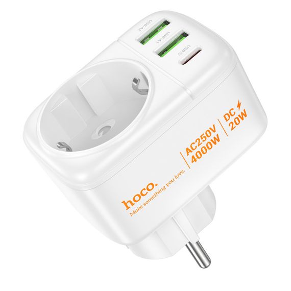 МЗП Hoco AC26 Changer Outlet Extender 20W (2USB-A/1C/1Socket) White | Зображення 4