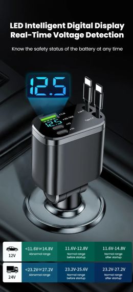 Автомобільний зарядний пристрій 150 Вт PD30W з дисплеєм напруги та висувним кабелем