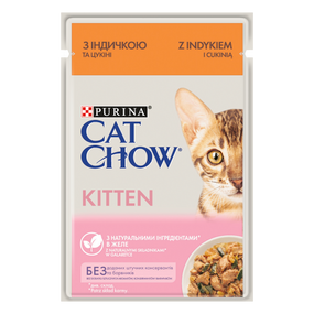 Вологий корм для кошенят Purina® Cat Chow® Kitten ніжні шматочки в желе з індичкою та цукіні 85 г. Також підходить для вагітних кішок та кішок у період лактації  85 г
