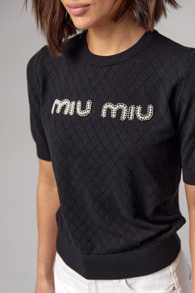 Ажурная футболка с надписью Miu Miu - черный цвет, S (есть размеры) | Зображення 3