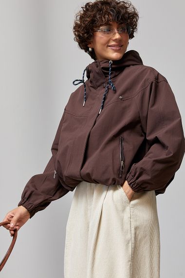 Жіноча коротка вітровка з капюшоном - коричневий цвет, ONE SIZE (є розміри)