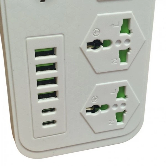 Мережевий фільтр подовжувач 2 метри на 3 розетки4 USB 3.4A, 2 Type-C з вимикачем та заземленням 3000Вт 16А Power Socket J07 білий | Зображення 4