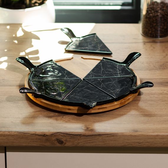 Тарелка для пиццы 28 см фарфоровая с бамбуковой вращающейся подставкой, секционная черная HP1247 | Зображення 1