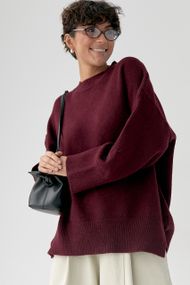 Вільний в'язаний джемпер із розрізами - бордо цвет, ONE SIZE (є розміри)