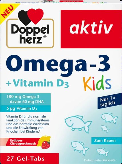 Детские жевательные витамины "Doppelherz Omega-3 + D3", вкус фруктовый, от 4 лет, 27 шт., Германия