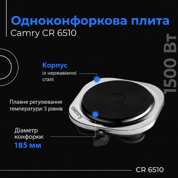 Електроплита настільна Camry CR 6510, 1500 Вт, 1 конфорка, механічне управління | Зображення 8