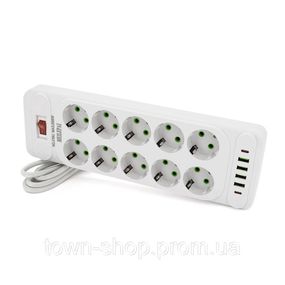 Сетевой фильтр F35U, 10 розеток EU + 4 USB + 2 PD, кнопка включения с индикатором, 2 м, 3х0,75мм, 2500W,