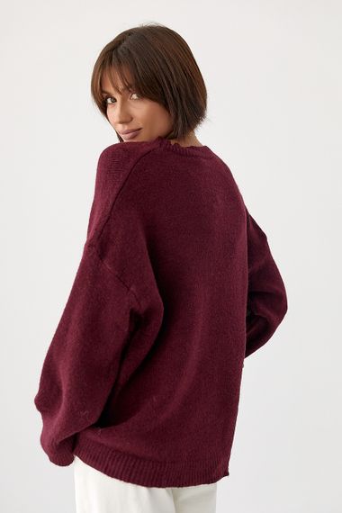 В’язаний однотонний джемпер вільного фасону - бордо цвет, ONE SIZE (є розміри) | Зображення 1