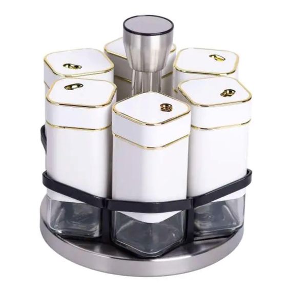 Набір для спецій 6 ємностей карусель для приправ на підставці Білий HP-1314 | Зображення 1