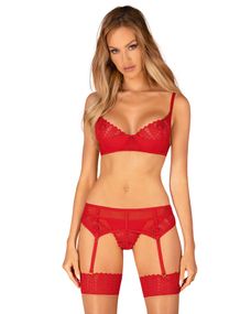 Комплект Obsessive Ingridia 3-pcs set XL/2XL, красный, бюстгальтер, стринги, пояс