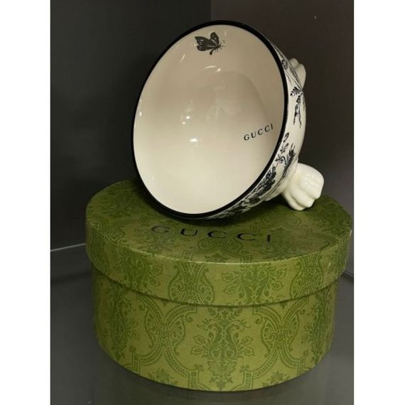 Брендовая керамическая миска для животных собак и котов GUCCI с цветам на лапках, синяя | Зображення 4
