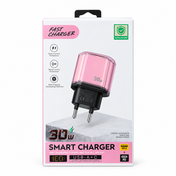 Сетевое зарядное устройство Smart Charger 30W USB-A + USB-C с поддержкой QC 3.0 и PD Розовый | Зображення 1