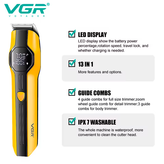 Набір для стрижки VGR 13 в 1 V-173 YELLOW, 13 насадок, LED дисплей | Зображення 3