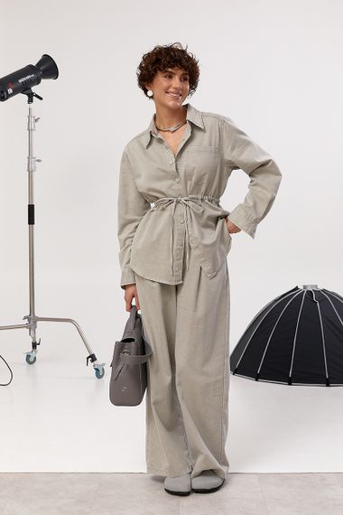 Котоновий вільний костюм із сорочкою на кнопках та прямими штанами - сірий цвет, ONE SIZE (є розміри) | Зображення 1