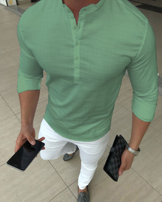 Сорочка льон довгий рукав бірюза S M