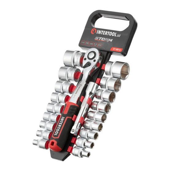Набір головок STORM 1/2", 8-32 мм, подовжувач, рукоятка з храповим механізмом, 20 од., Cr-V INTERTOOL ET-8016