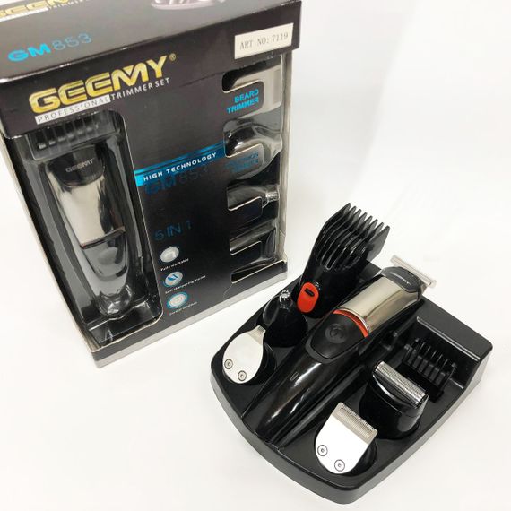 Машинка для стрижки 5в1 Geemy GM-853 стайлер, бритва, триммер на аккумуляторе нержавеющая сталь 6 насадок | Зображення 9