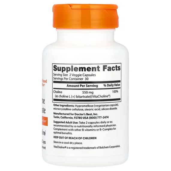 Холин L-битартрат Doctor's Best Choline L-Bitartrate, 550 mg, 60 Veggie Caps (275 mg Per Capsule) | Зображення 1