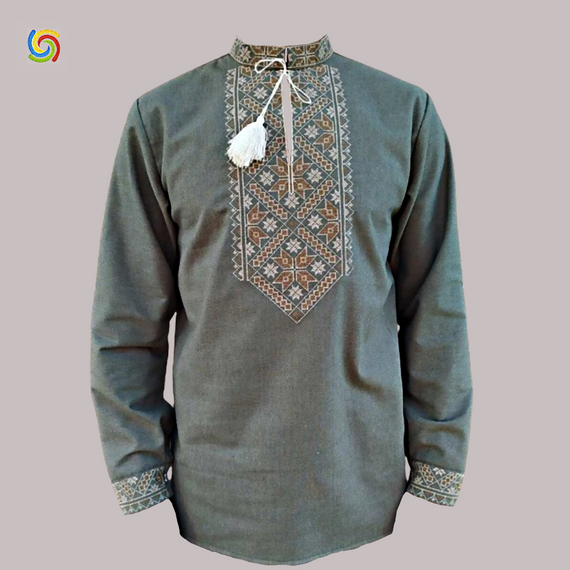 Рубашка Украинская вышиванка  33021 цвет оливковый размер S