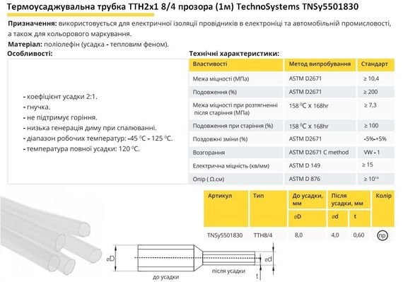 Термоусадочна трубка ТТН2х1 8/4 прозора 1 метр Ny95501830 | Зображення 1