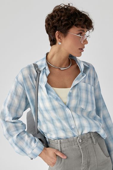 Жіноча сорочка в клітинку з кишенею - блакитний цвет, ONE SIZE (є розміри) | Зображення 4
