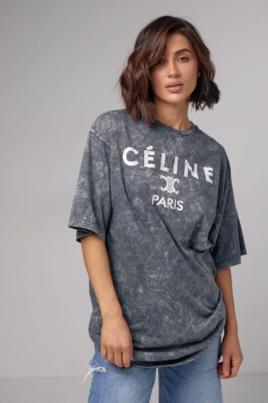 Удлиненная футболка в технике тай-дай с надписью Celine Paris - темно-серый цвет, M (есть размеры) | Зображення 4