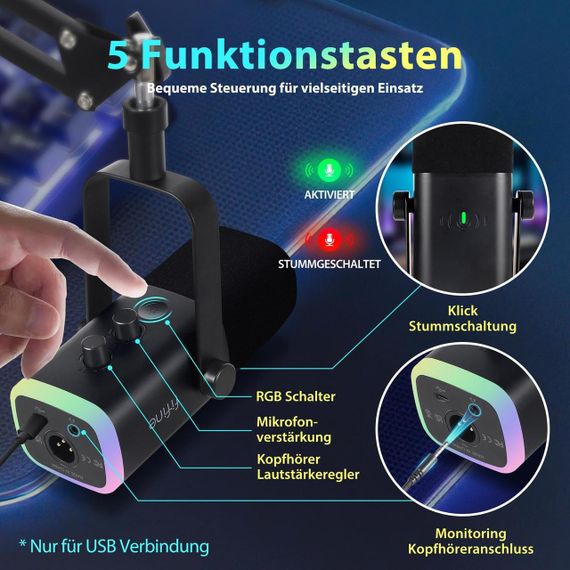 Микрофон динамический стриминговый потоковый с кронштейном RGB-подсветкой для студии подкастов гейминга ПК | Зображення 2