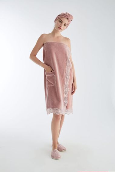 Набор женский Nusa 030-7 для сауны с кружевом, пудровый | Зображення 3