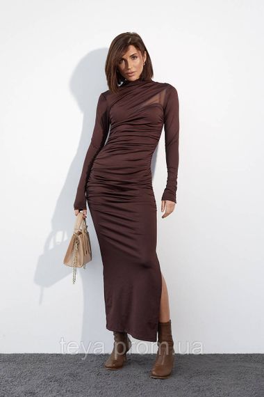 Вечірнє плаття з драпіруванням і вставкою із сітки колір коричневий FL_000968 | Зображення 7