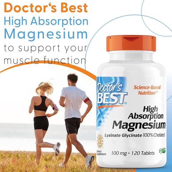 Магній хелат Doctor's Best High Absorption Magnesium, Lysinate Glycinate 100% Chelated, 100 mg, 120 Tablets | Зображення 1