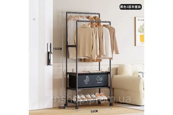 Стойка-вешалка на колесах для вещей и обуви 3 яруса (YH9918-3) черная | Зображення 5