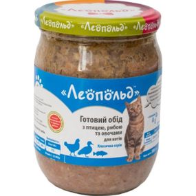 ЛЕОПОЛЬД Готовий обід з птицею,рибою та овочами для котів, скляна банка 500 г