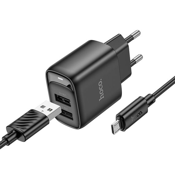 МЗП Hoco C141A Smart 2.1A (2USB-A) + кабель USB to MicroUSB Black | Зображення 2