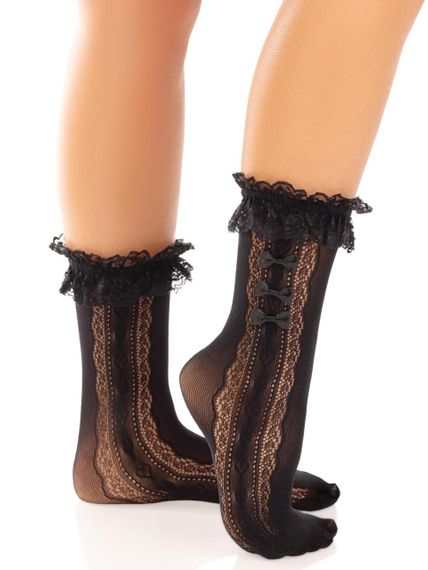 Шкарпетки ажурні Leg Avenue Mini Bow Lace Anklet, чорні, з рюшами, декор — бантики sexstyle