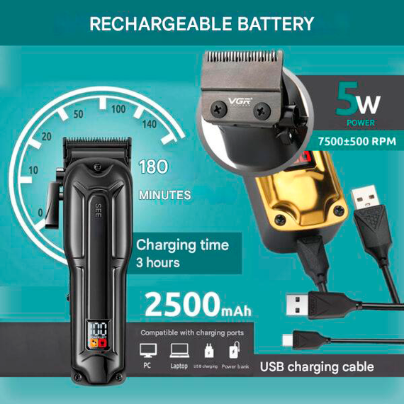 Акумуляторна машинка для стрижки VGR V-138 GOLD, 4 насадки, 7000 RPM, 2500 mAh, LED дисплей | Зображення 2