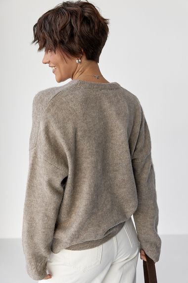 В'язаний теплий джемпер з візерунками косичок - кавовий цвет, ONE SIZE (є розміри) | Зображення 1