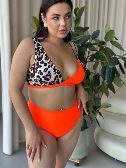 Роздільний помаранчевий купальник PLUS SIZE з високими плавками та лео принтом | Зображення 6