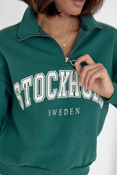 Свитшот с молнией на горловине и принтом Stockholm зеленый цвет L | Зображення 3