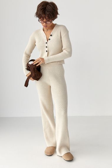 Трикотажний костюм у рубчик із кардиганом і штанами палаццо - молочний цвет, ONE SIZE (є розміри) | Зображення 4