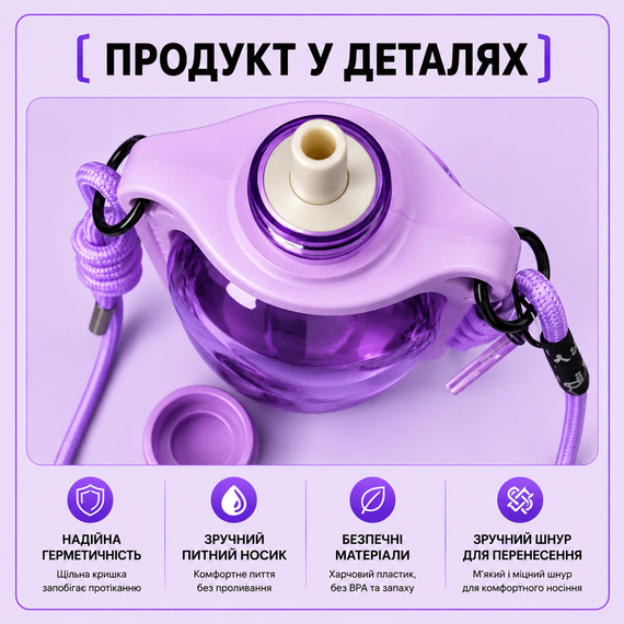 Бутылка для воды TREND 780 мл фиолетовая с силиконовым чехлом, соломинкой и ремешком | Зображення 7
