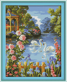 Набор для вышивания по нанесённой на канву схеме "Swan lake 3". AIDA 14CT printed, 48*60 см