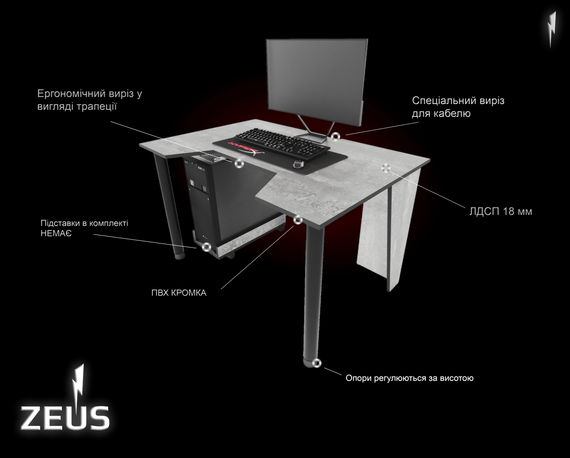 Стол геймерский ZEUS GAMER-1 бетончерный | Зображення 1