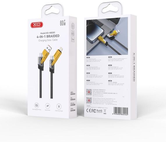 Кабель XO NB283 Braided Flat Type-C/USB-A to TYPE-C/Lightning - 4-in-1 - 60W - 1m Black | Зображення 3
