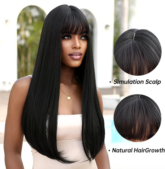 Парик для женщин Длинный прямой темно каштановый, HAIRCUBE, Синтетические парики с челкой, 60 см | Зображення 1