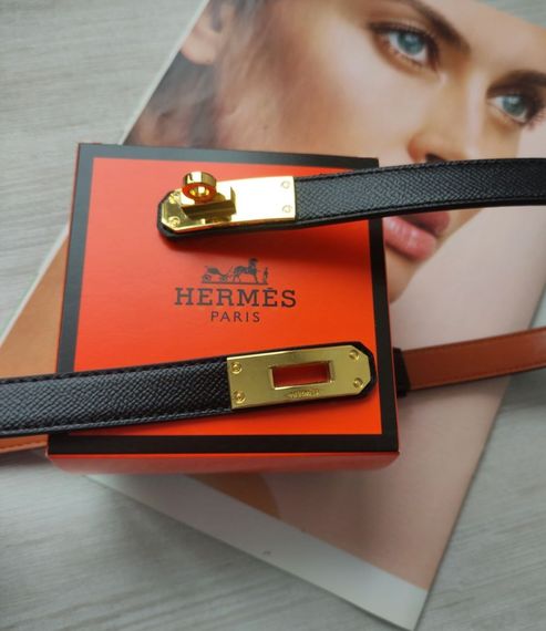 Трендовий шкіряний вузький ремінь Hermes чорний | Зображення 1
