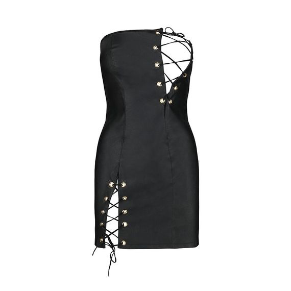 Мінісукня з екошкіри Passion CELINE CHEMISE S/M, black, шнурівка, трусики в комплекті | Зображення 4