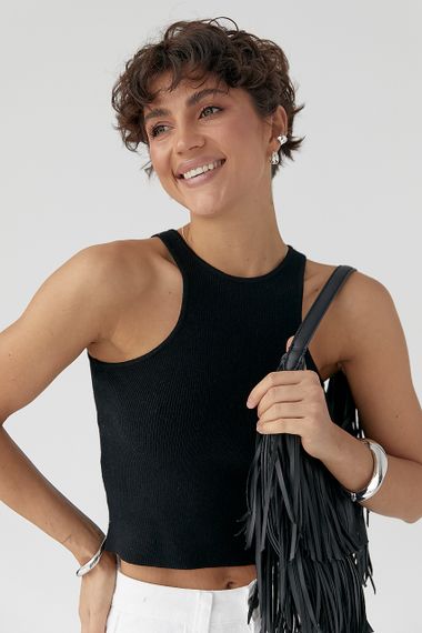 В'язана коротка майка в рубчик - чорний цвет, ONE SIZE (є розміри)