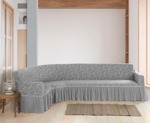 Жакардовий чохол на кутовому диван Roza з спідницею Світло-сірий