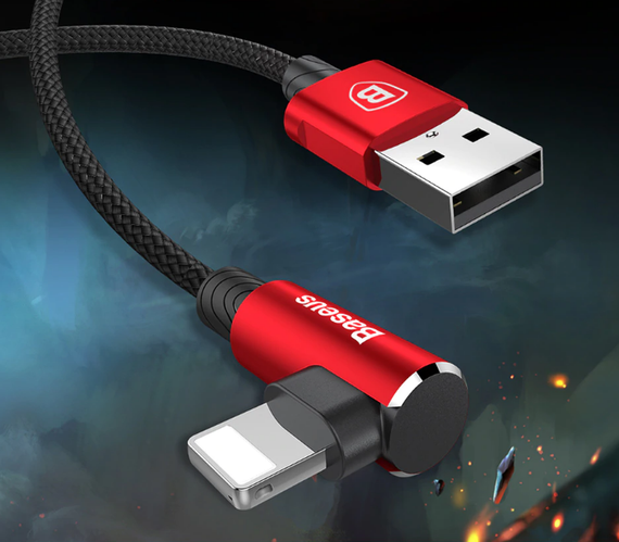 Угловой Lightning кабель Baseus Elbow Type Cable 1m - Black/Red | Зображення 1