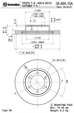 Гальмівний диск, передня вісь BREMBO, 09A20411 | Зображення 1
